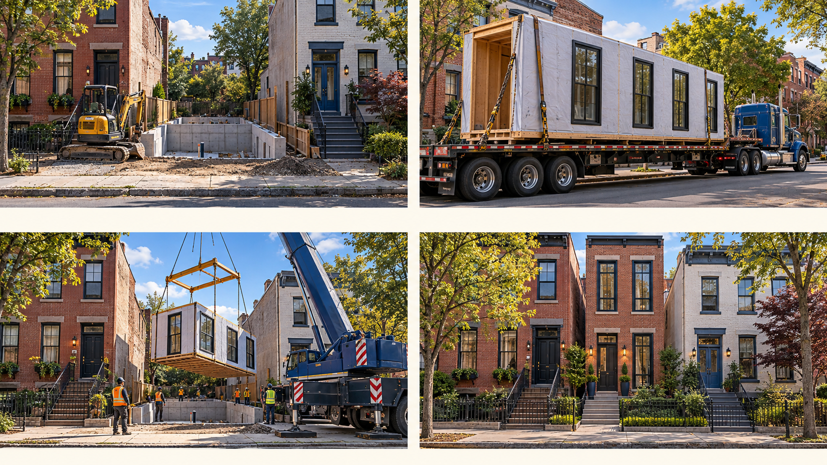 Original AI-generated architectural concept: foundation preparation, modular transport, crane placement and completed infill